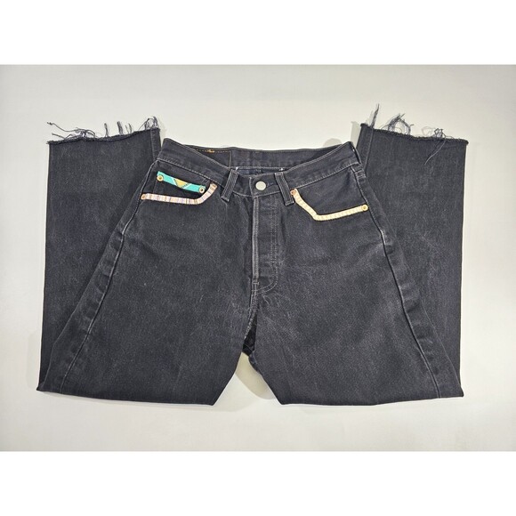 DMS Women's 27x32 Vintage Levi's 501 Black Painted Embellished Black Jeans Denim - Picture 3 of 11